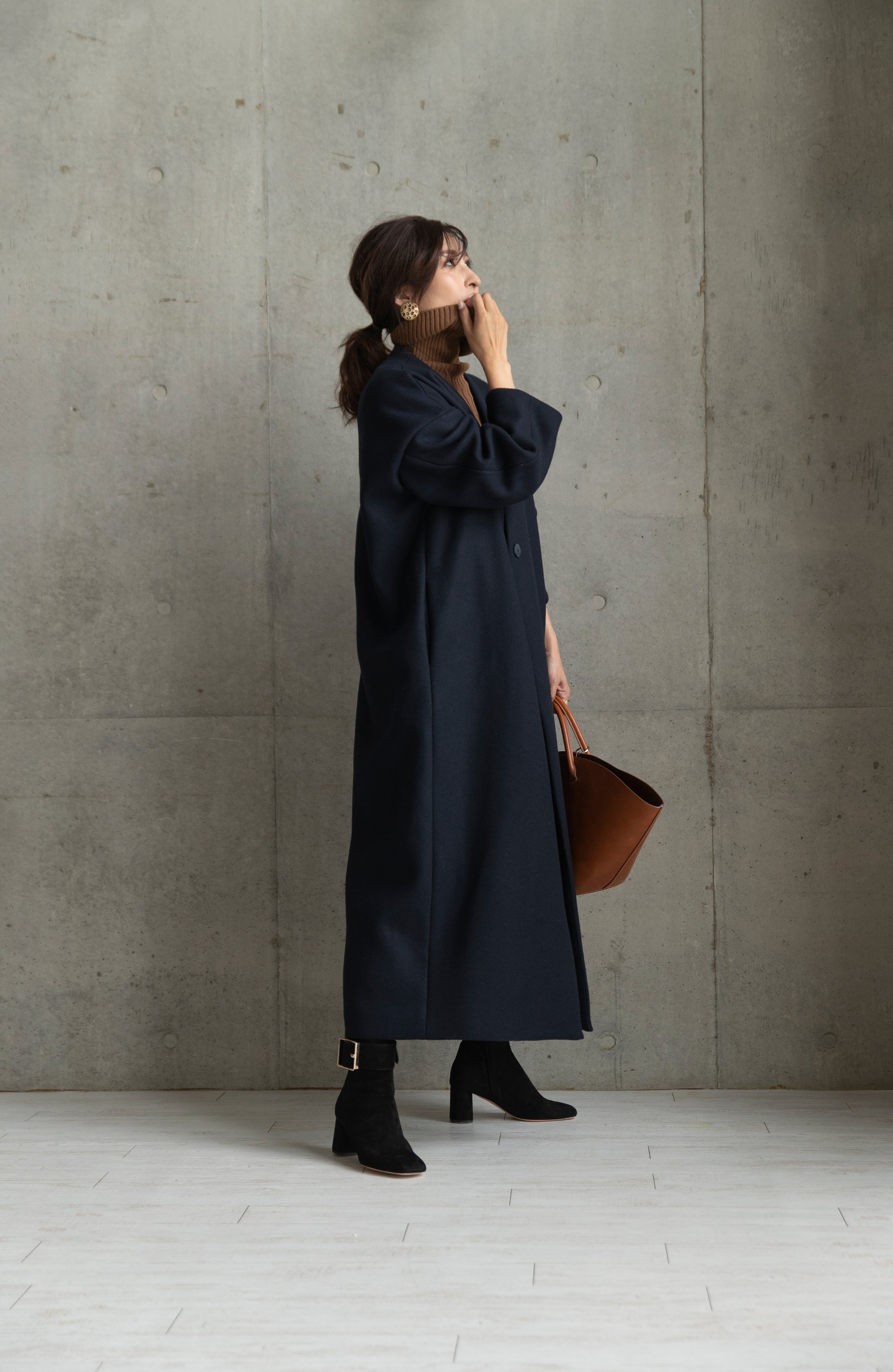 IENA ラムウールノーカラーロングコート 2020AW グレー